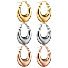 Womens Ladies Trendy Stainless Steel Chunky Teardrop Oval Small Hoop Earrings
