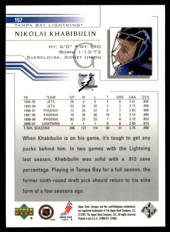 2001-02 Upper Deck Nikolai Khabibulin Tampa Bay Lightning #157 - Image 2 of 2