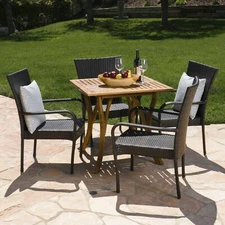Lebeau Outdoor 5 Piece Acacia Wood/ Wicker Dining Set, Teak Finish and Multibrow