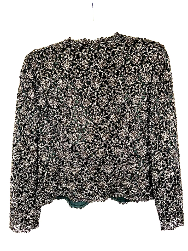 Vintage Black Tie Oleg Cassini Jacket Black Gold Metallic Lined Size 8 Petite - Image 2 of 4