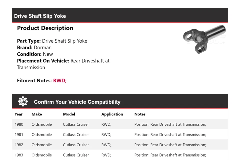 Yugo deslizante 1981 para Oldsmobile Cutlass Cruiser tracción trasera Dorman eje de transmisión Foto 2 de 4