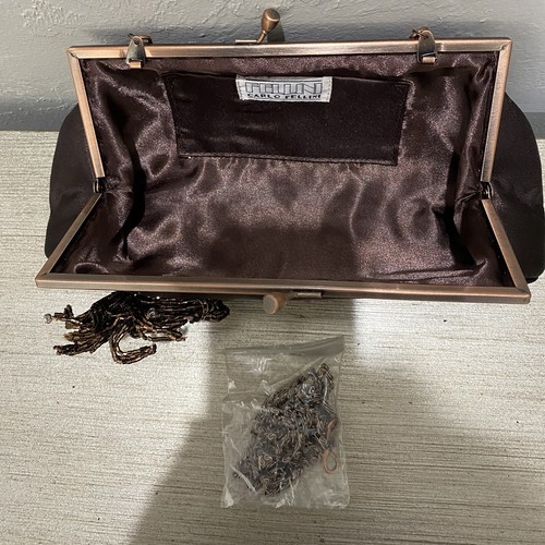 Carlo Fellini Evening Bag Brown Satin Beaded Flower Purse - Picture 7 of 8