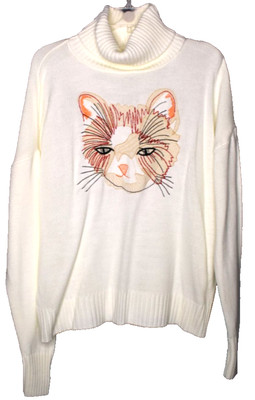 Anthropologie Moth Wool Blend Miaou Cat Embroidered Sweater Size Medium cottage