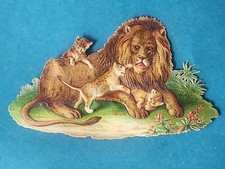 Oblat błyszczący obraz złom cięty chromo LEW OJCIEC ZE SZCZENIĘTAMI LWA około 1880 roku