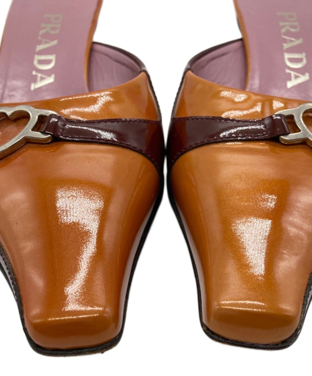 靴 PRADA Heart Leather Mules PRADA Heart Motif Bicolor Mules Patent Woman's 34.5 / 22.5m