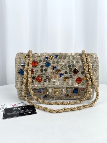 AUTH Chanel Classic Flap Beige Tweed Gemstone Gold Hardware Chain Shoulder Bag