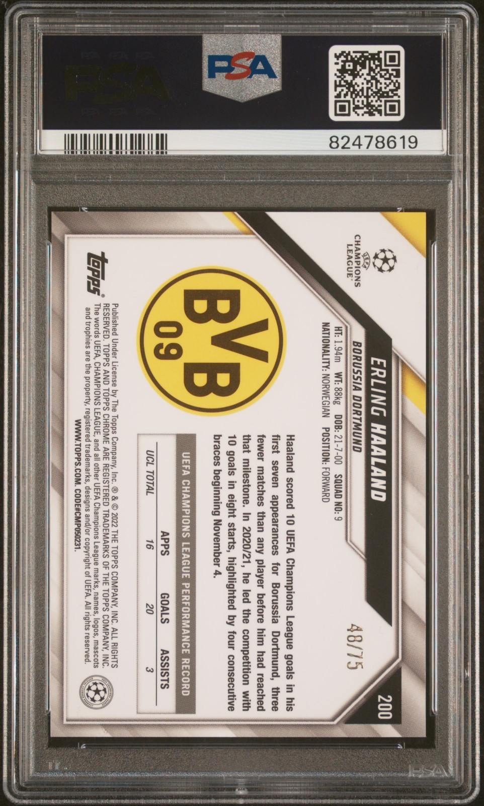 2021 Topps Chrome Uefa League Erling Haaland Blue/Gold Starball REF /75 PSA 9 view 2