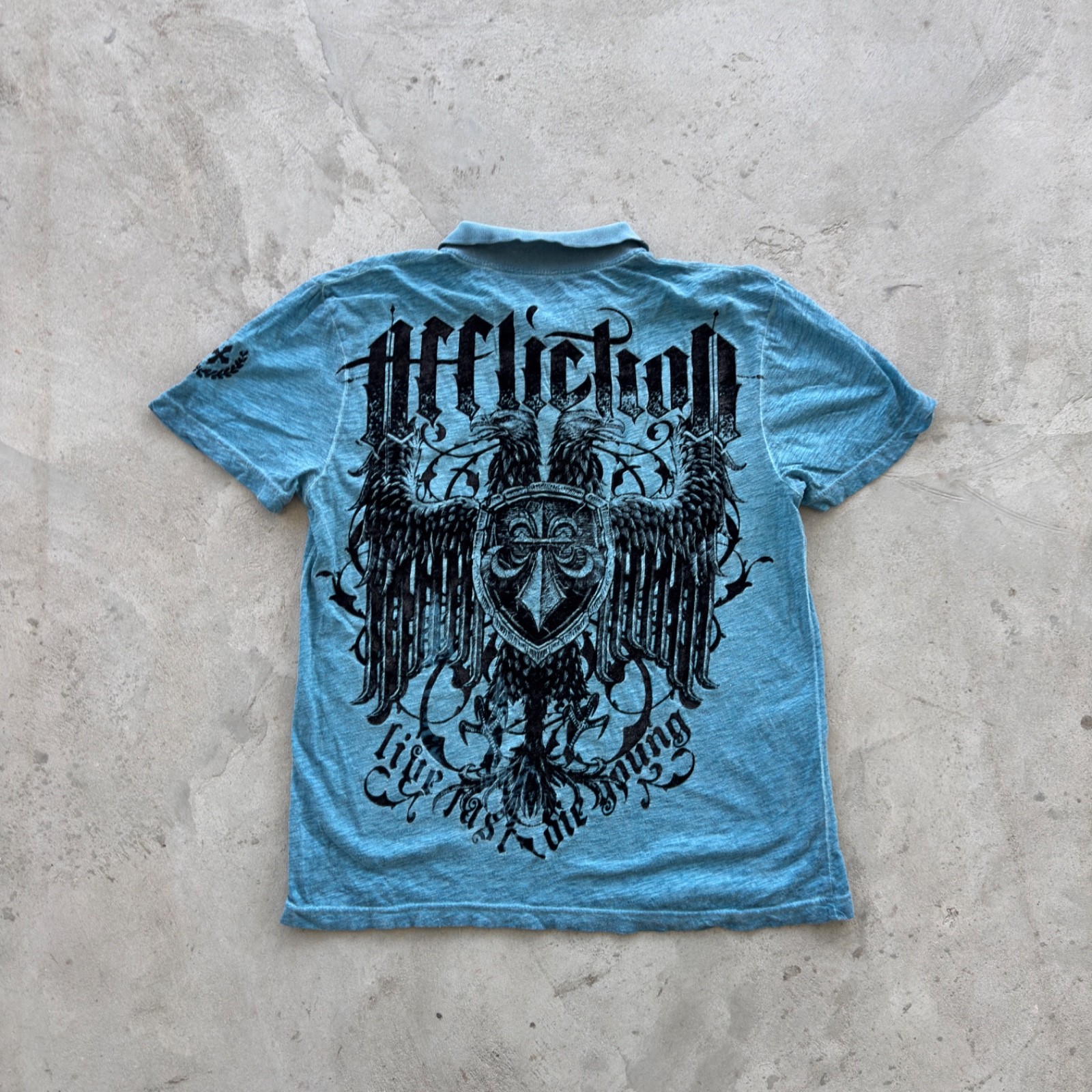 Vintage Affliction Polo Shirt S Blue Graphic Skull Eagle Short Sleeve Y2K