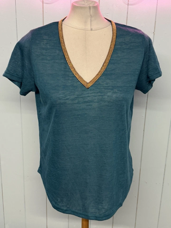 Molly Bracken Top Size Medium Ladies Irish Designer Teal Gold Short Sleeve  - Image 2 of 4