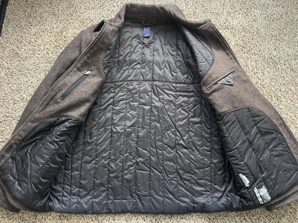 Gap шерстяная смесь пальто мужской XL елочка полный молнии с подкладкой воротник винтажный Y2K - Изображение 3 из 4