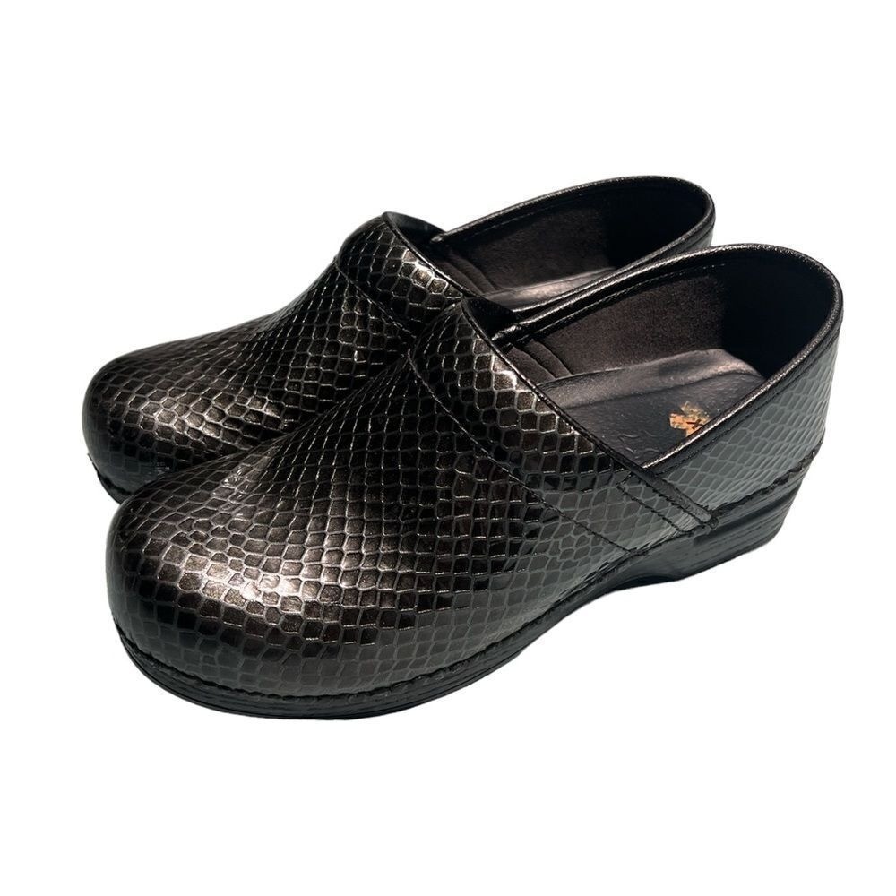 DANSKO Python Snakeskin Pewter Leather Clogs Sz 3… - image 1