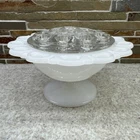 VTG Large White Milk Glass Lace Edge Pedestal Compote Vase w/ Clear Flower Frog