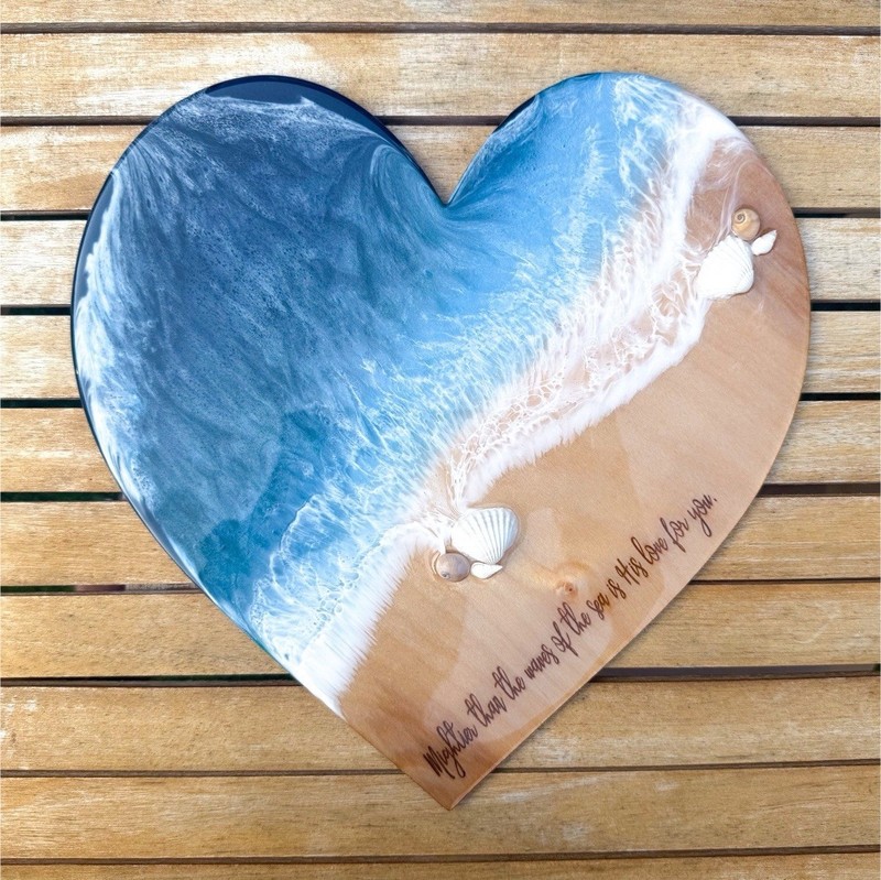 Ocean Resin Heart Wall Art Christian Faith Decor Handmade 12” x 12”