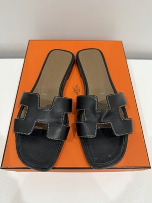 Hermès Women s Black Leather Slide Sandals Slip-On Flat US 7.5