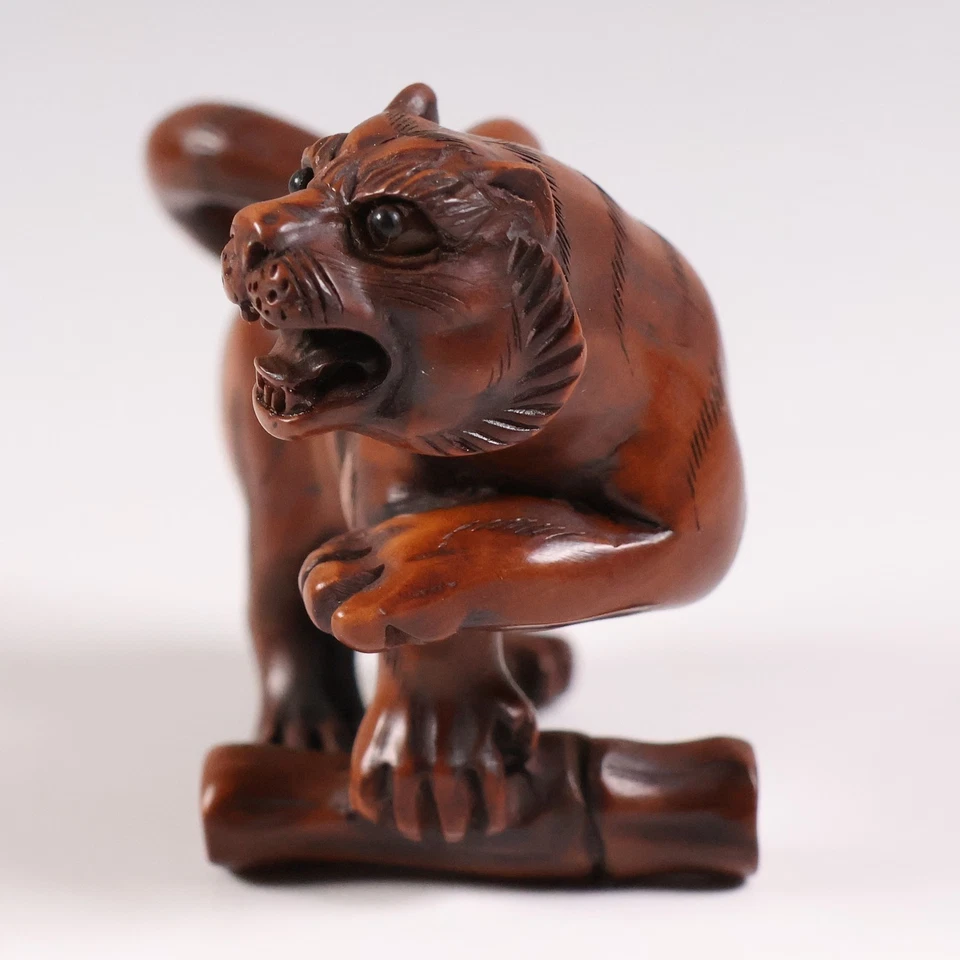 Japanese Hand Carved Wooden Tiger Netsuke 2inch Inro Ojime Figurine By Yamaguchi - Image 4 of 4
