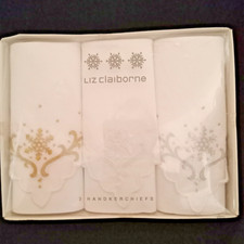 Liz Claiborne 3 White Handkerchiefs New in Pkg - Silver Gold White Trim Read