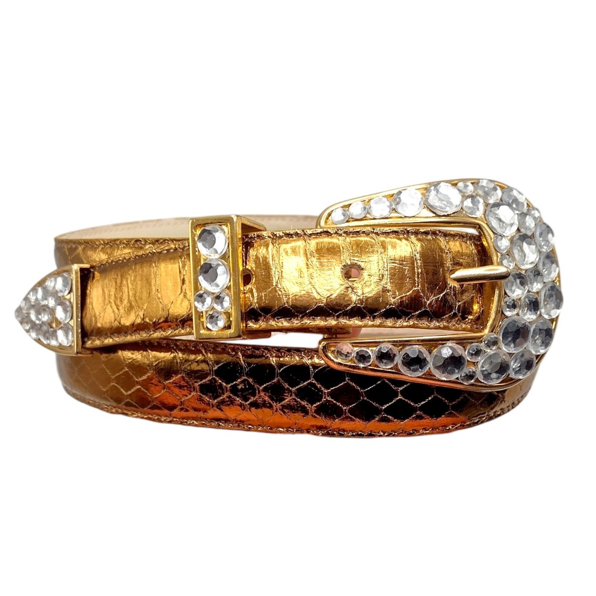 Leather Snakeskin Belt with Gold Buckle - Sz L Python Belt with Brushed Gold Buckle - w.kleinberg main image 3