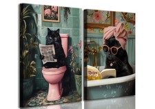 2 Pcs Funny Bathroom Cat Canvas Wall Art Black Cat Sitting on Toilet Reading ...
