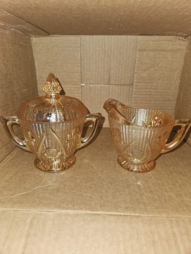 Vtg Jeanette Marigold Iridescent Iris & Herringbone Cream & Sugar Bowl Set