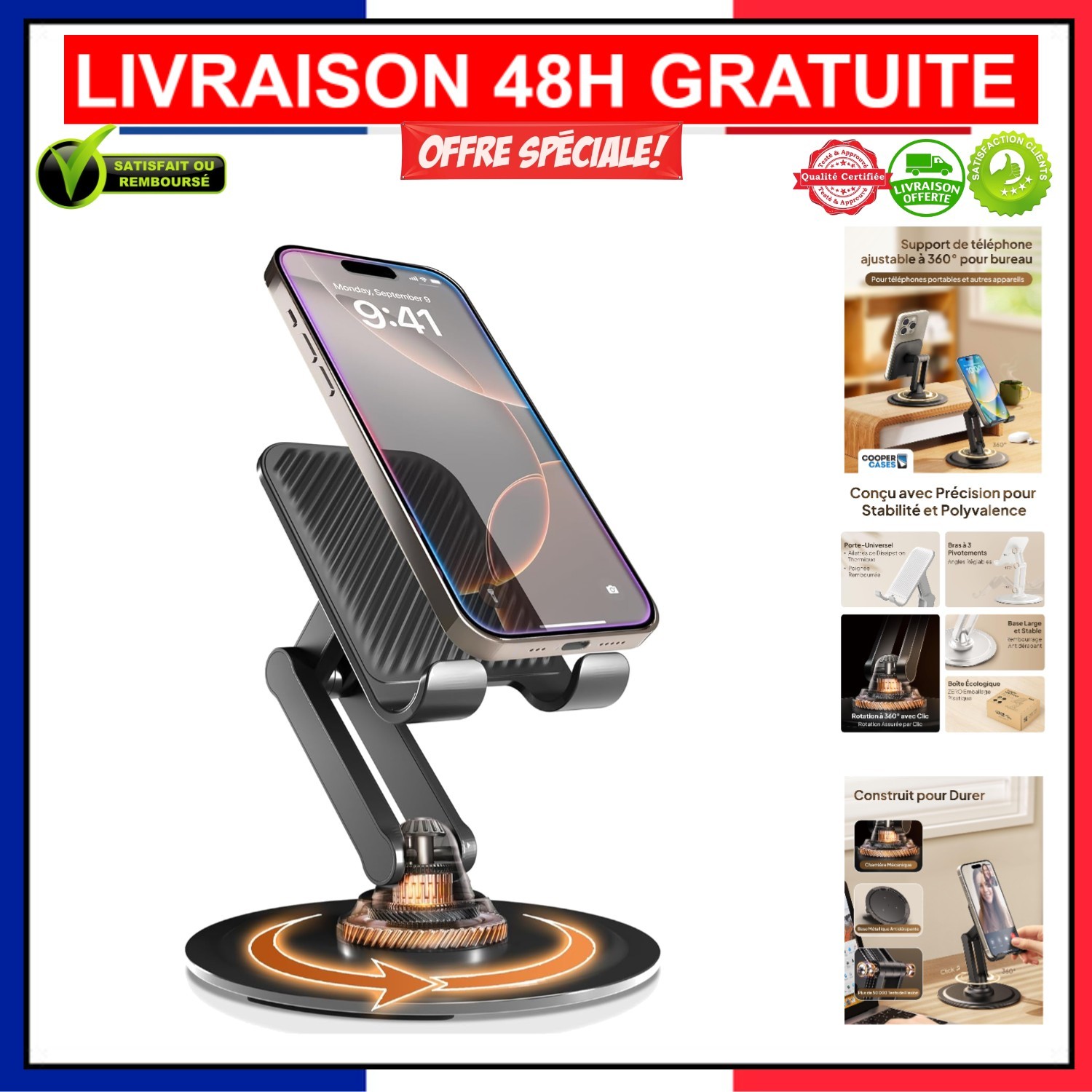 Support de bureau robuste Cooper pliage à plat et rotation complète 360 degrés