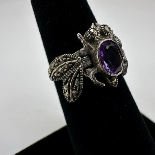 Vintage Rare Fly Ring w/ Hinged Wings-Amethyst body, Insect Ring, Size 5.5 - Picture 3 of 7