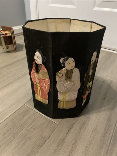 Rare Vtg Chinese 8 immortals Octagon Collapsible box container Mid Century Silk3 - Picture 3 of 6