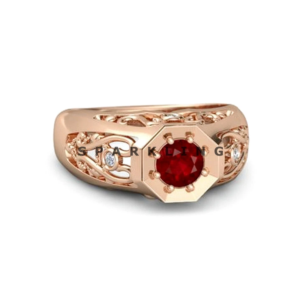 Ruby Round Cut With 925 Sterling Silver Gold Plated Ring For Men's #D750 - Image 2 of 4