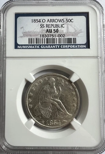 RARE GRADED NGC AU50 S.S REPUBLIC 1854 O W/ARROWS  SEATED LIBERTY HALF DOLLAR