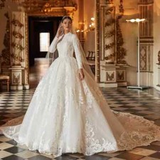 Gorgeous Appliques Ball Gown Muslim Wedding Dresses High Neck Beading LongSleeve