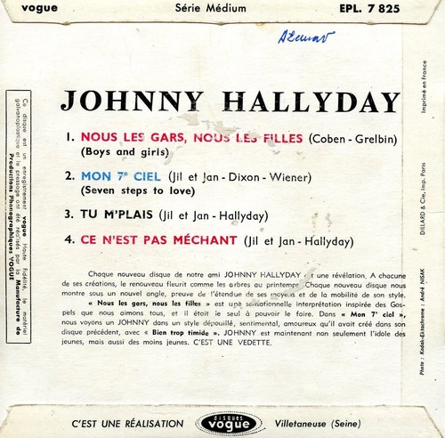 JOHNNY HALLYDAY Nous Les Gars Nous les Filles VOGE EPL7825 France 1961 EP VG+ - Picture 3 of 5