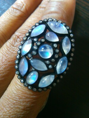 White Moonstone Cocktail Ring, 925 Silver Diamond Birthday Gift Fancy Ring