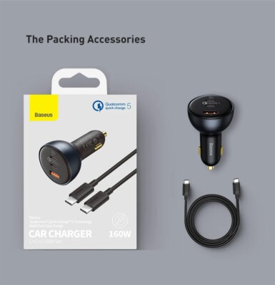 Baseus 160W Car Charger QC 5.0 Fast Quick Charging PD3.0 USB Type C Car Phone