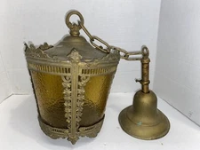 Vintage Brass Tone Amber Glass Hanging Pendant Light Fixture Needs Repair