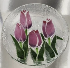 PEGGY KARR FUSED GLASS ART PINK TULIPS FLORAL ROUND 8 1/2" BOWL DISH SIGNED