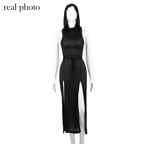 Goth Dark Gothic Desert Walker Hooded Punk Hollow Out Midi Dress - Picture 10 of 26