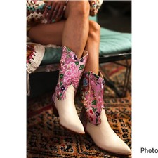 Momo New York Selina Western Silk Leather Boots Cowboy Size 11 Floral Pink Cream
