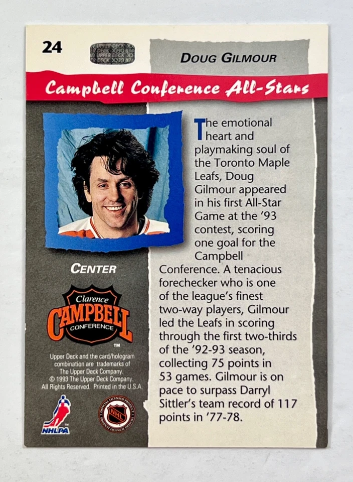 1992-93 Doug Gilmour Upper Deck All-Star Locker Series #24 - Free Shipping GA - Image 2 of 2