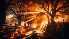 Digital Art Image Landscape Autumn Sunrays Trees Road Wallpaper Desktop Decor 