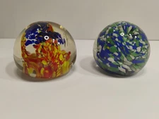 Vintage Art Glass desk Paperweight Swirl Bubbles & Flower Glass Lot of 2