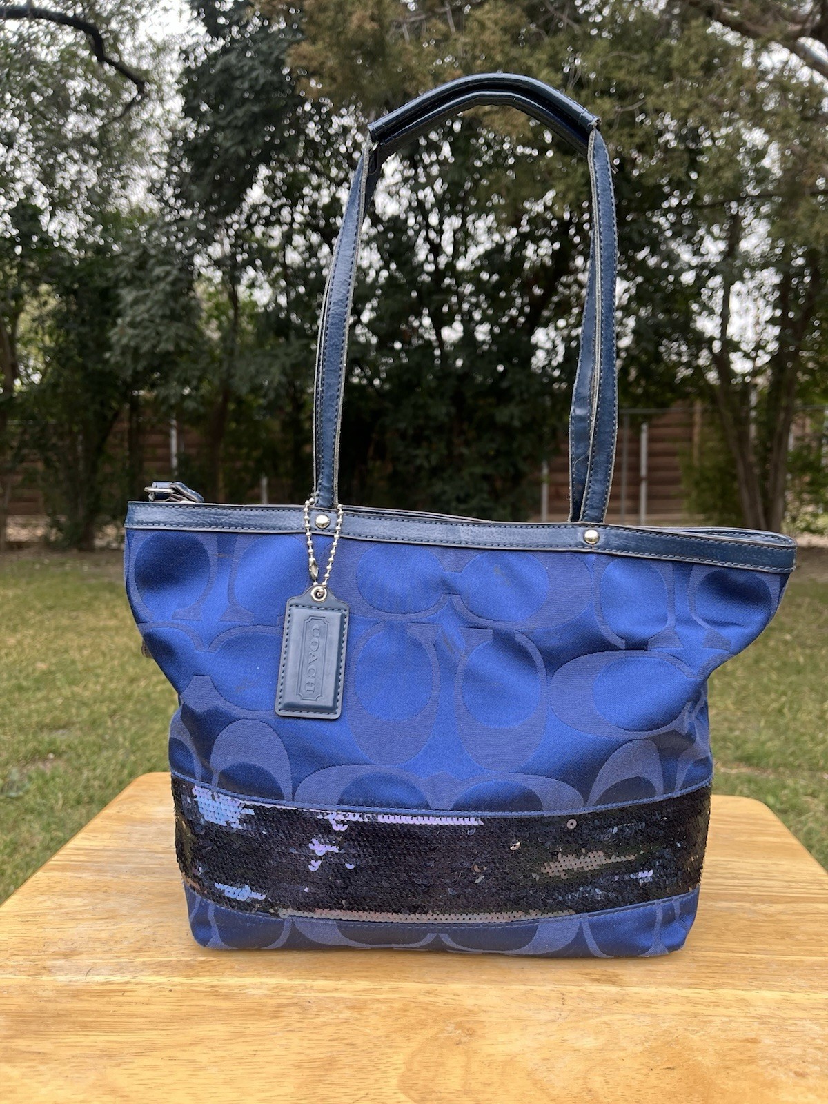 Coach Signature Tote Handbag Purse Satin Purple Sequins Medium Blue F17574