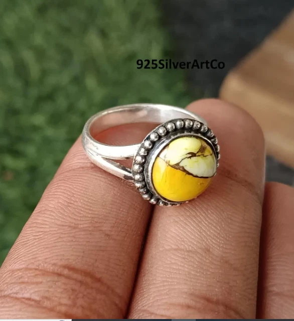 Honey Dahlia Turquoise Ring, 925 Sterling Silver Round Design Gemstone All size - Image 4 of 4