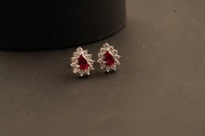 Pear Cut 2Ct Lab Created Red Ruby Women's Stud Earrings 14K White Gold plated