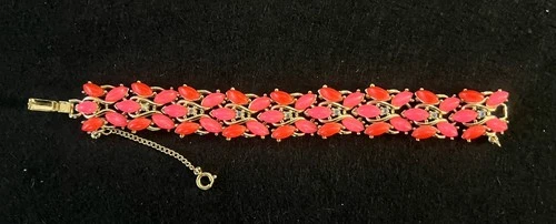 Vintage Jelly Lucite & Rhinestone Link Bracelet  With Safety Chain 7"