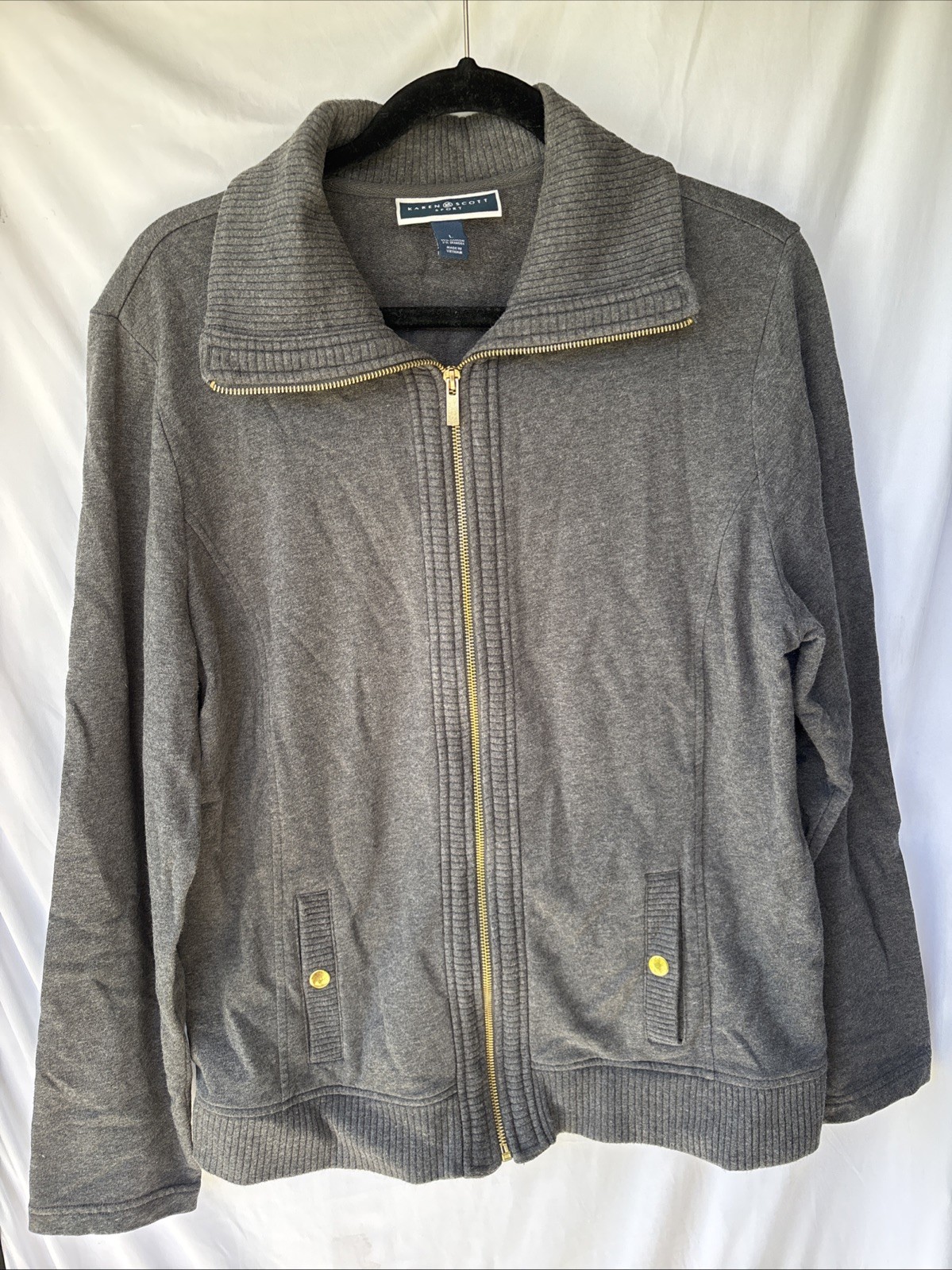 Karen Scott Sport Gray Fleece Jacket Full Zip Up Pockets Large