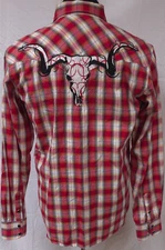 Cowboy Hardware Mens Medium Red Plaid Embroidered Steer Skull Pearl Snap Shirt