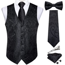 DiBanGu Men's Black Paisley Vest and Necktie Set 6PCS Pretied Bow Tie Silk Fo...