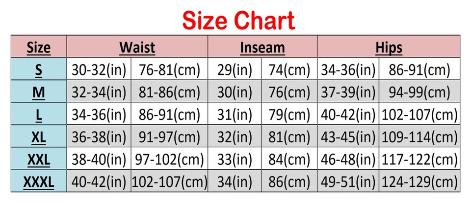  size chart with waist, inseam and  hips measurements
