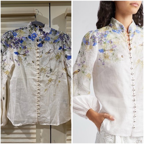 NWT. ZIMMERMANN Harmony Ramie Floral Long Sleeve Blouse, Size AU 1