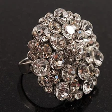 Fuchsia/ Pink Diamante Cocktail Ring in Silver Tone - Size 7/8 Adjustable