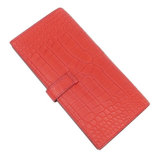 HERMES Bearn Soufflé Long Wallet, Geranium Croco Leather, Bi-fold, Matte □P image 2